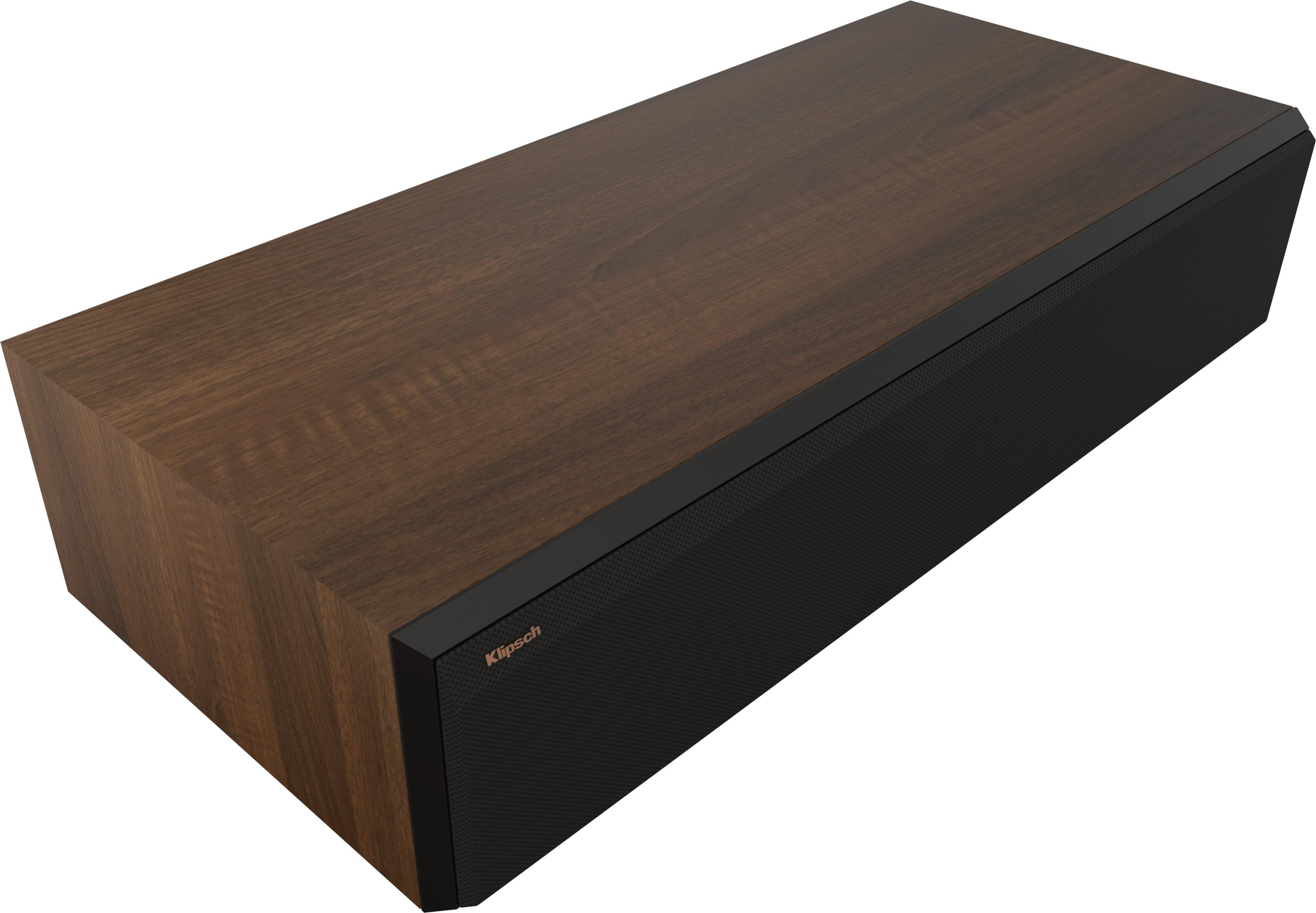 Ein dunkler Holz-Lautsprecher mit schwarzem Gitter und Klipsch-Logo.