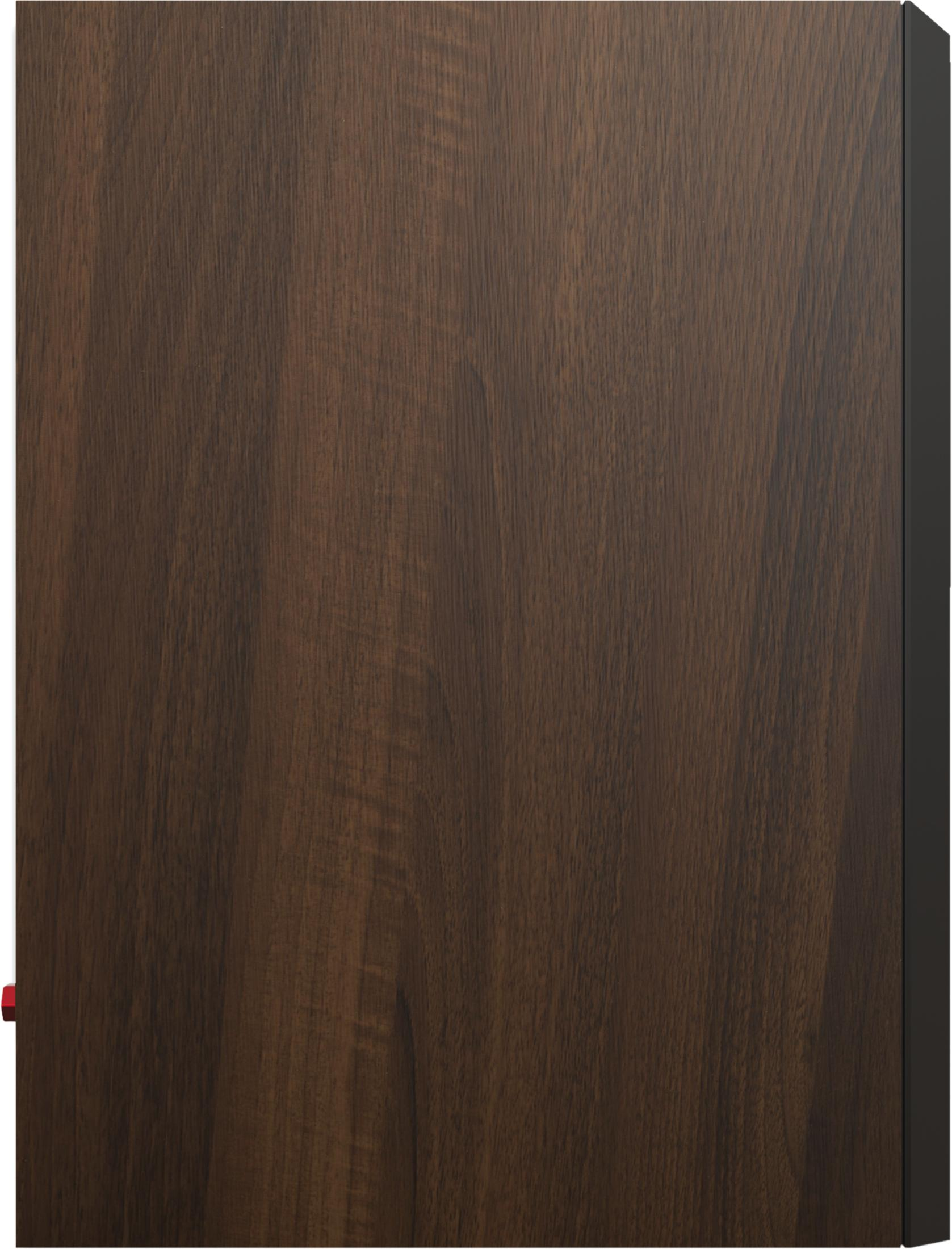 Braune Holzmaserung mit schwarzem Rand und einem kleinen roten Objekt links.