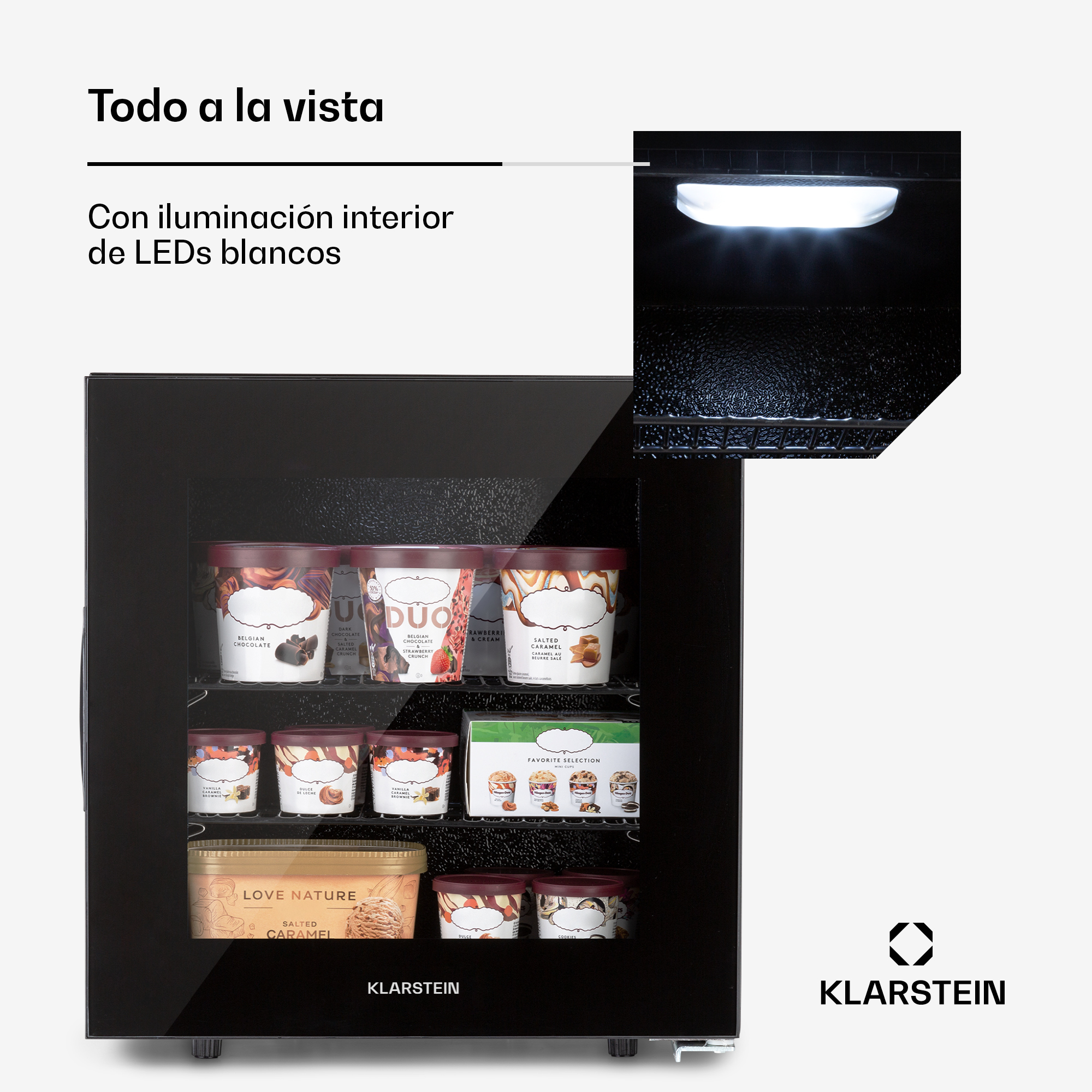 Un frigorifero nero pieno di vaschette di gelato, illuminato da LED bianchi.