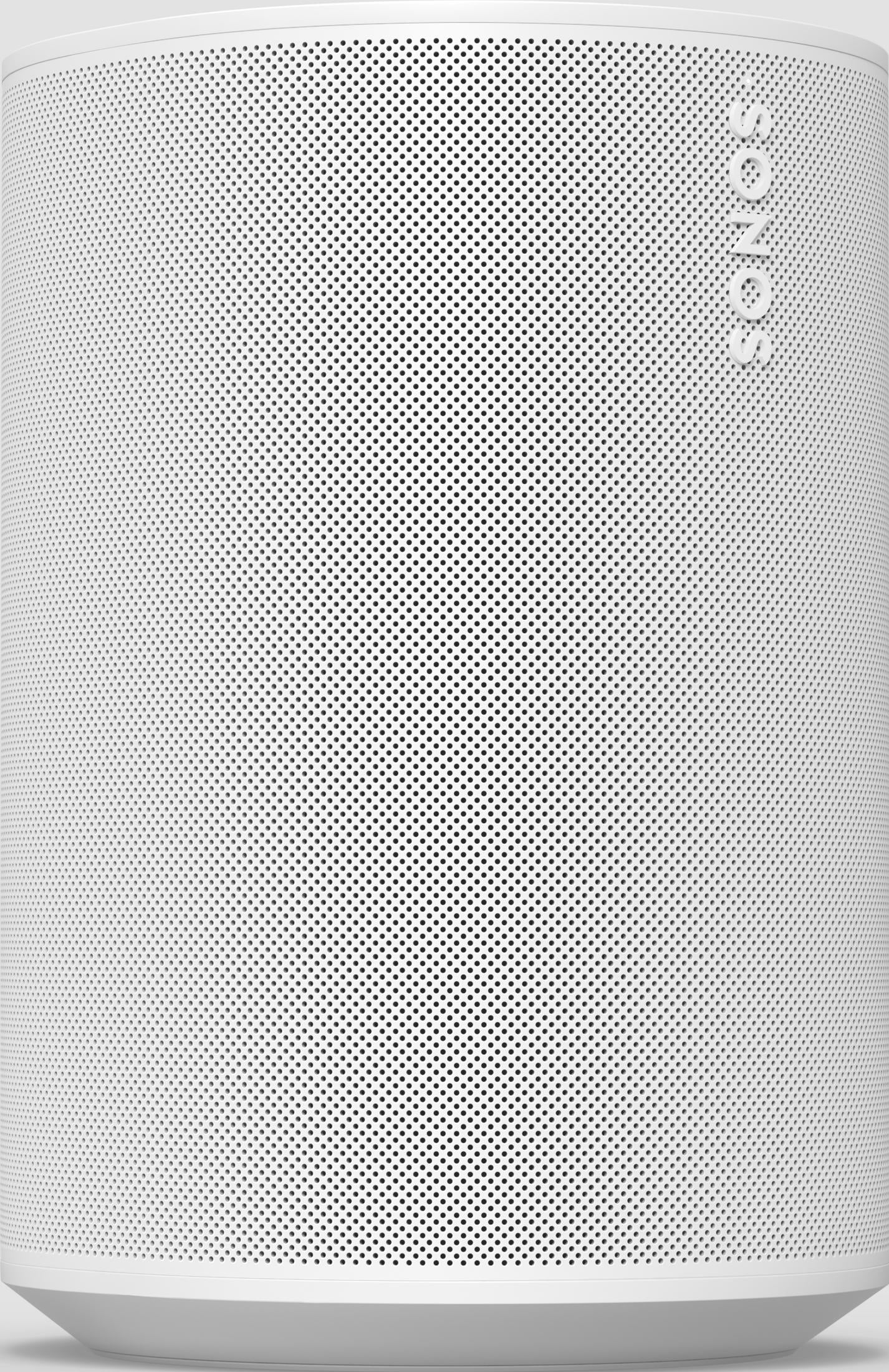 Ein weißer zylindrischer Sonos-Lautsprecher mit perforiertem Gitter und Sonos-Logo.