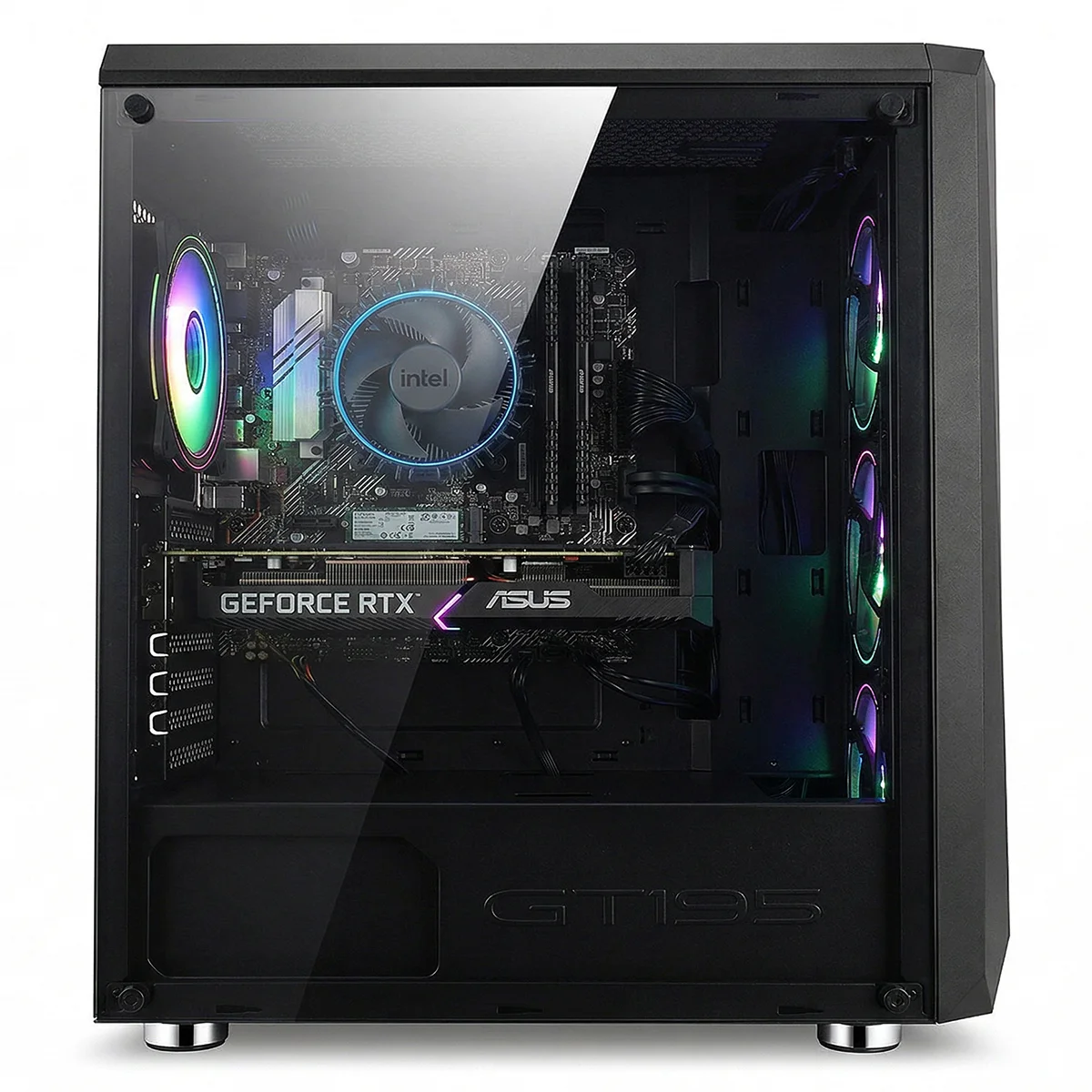 Un case per computer nero con pannello laterale in vetro che mostra componenti interni con illuminazione RGB.