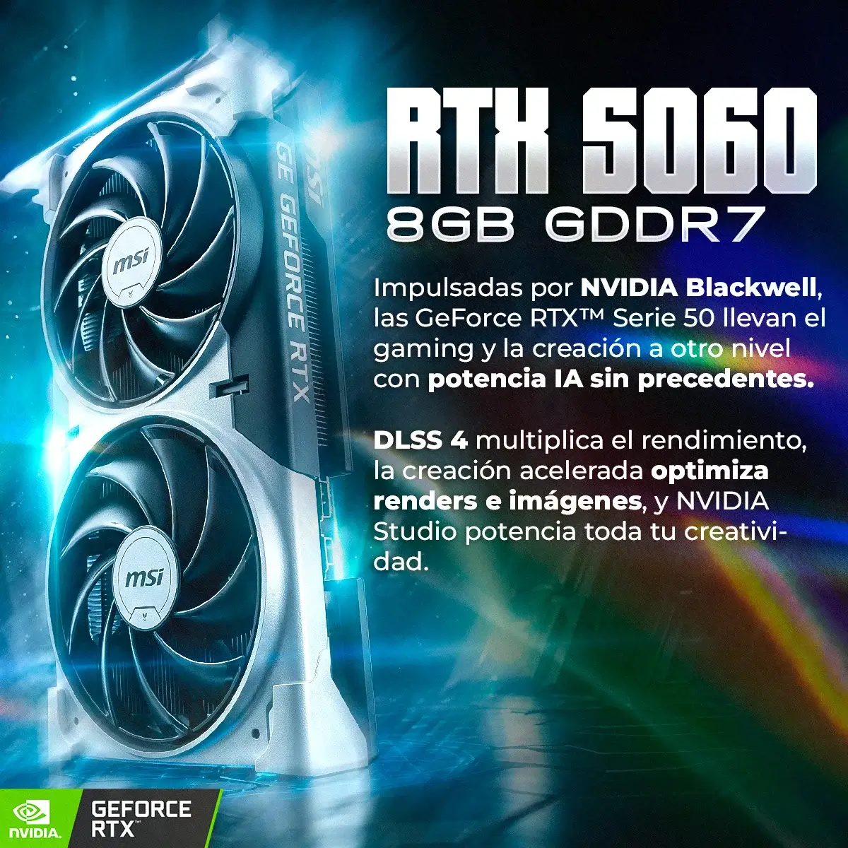 Scheda grafica MSI RTX 5060 8GB GDDR7 con due ventole, DLSS 4 e potenza AI.