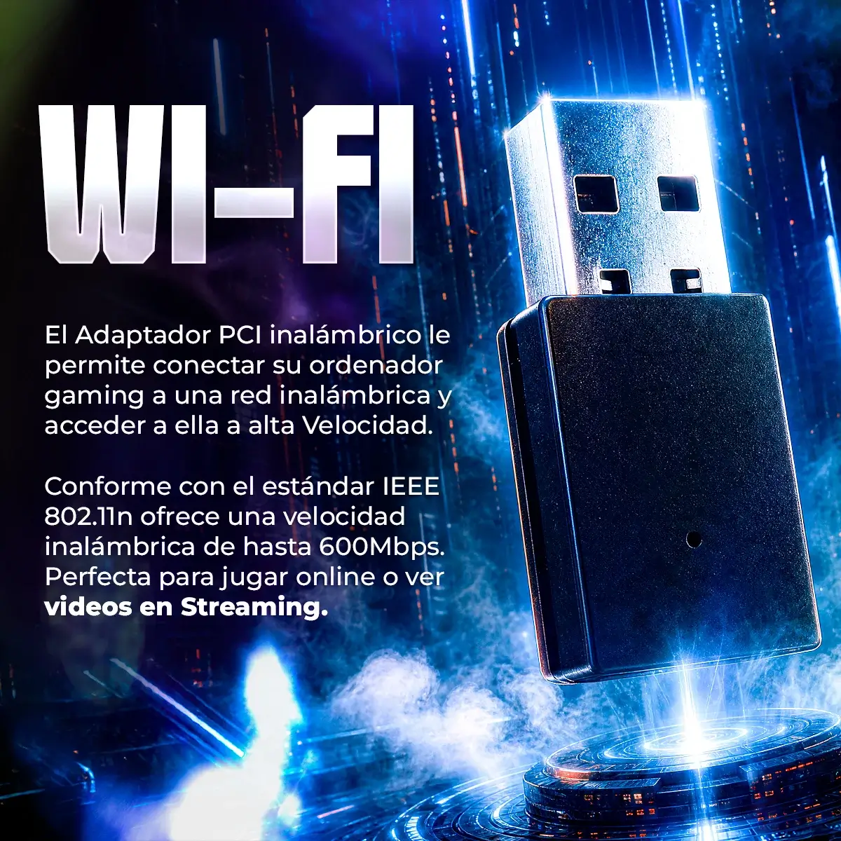 Un adattatore USB Wi-Fi è mostrato con testo WI-FI e dettagli tecnici.