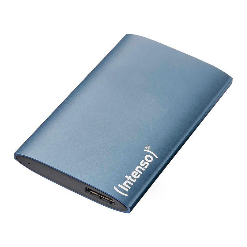 Una carcasa de disco duro externo azul, rectangular, con el logo de Intenso.