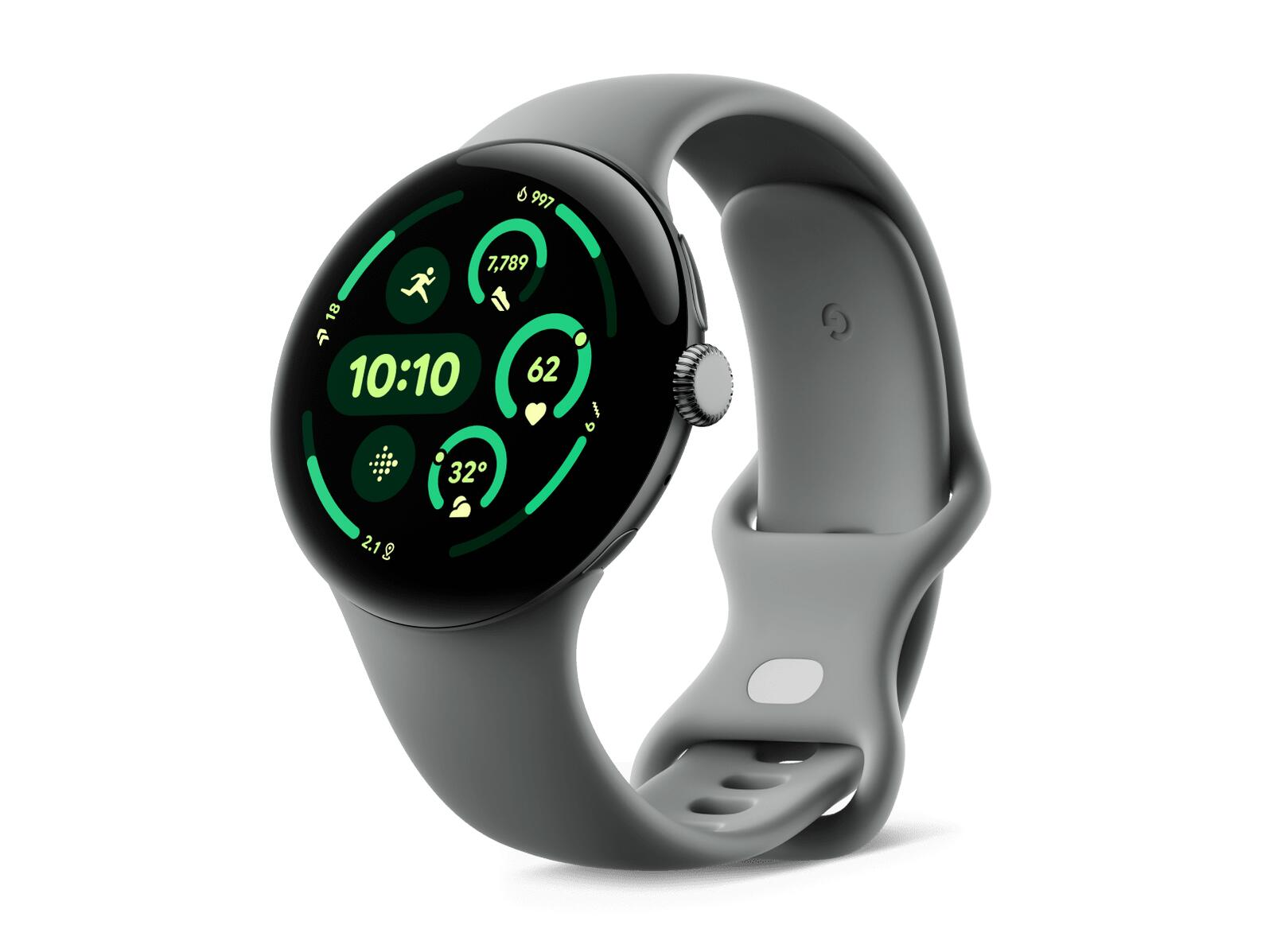 Uno smartwatch grigio mostra 10:10, 7.789 passi, 62 bpm, 32°C e 2.1 miglia.