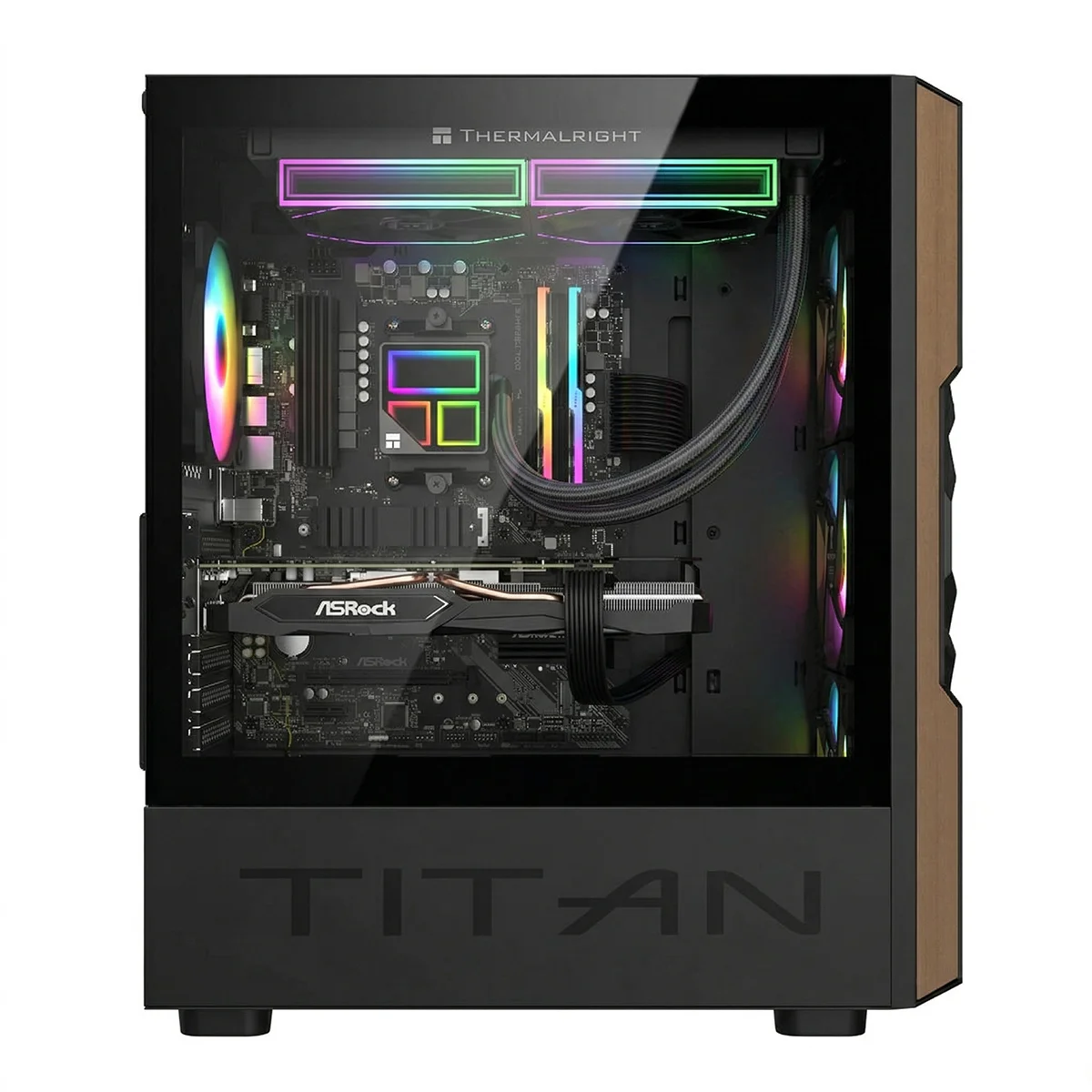 Un case per PC con finestra in vetro che mostra componenti illuminati.