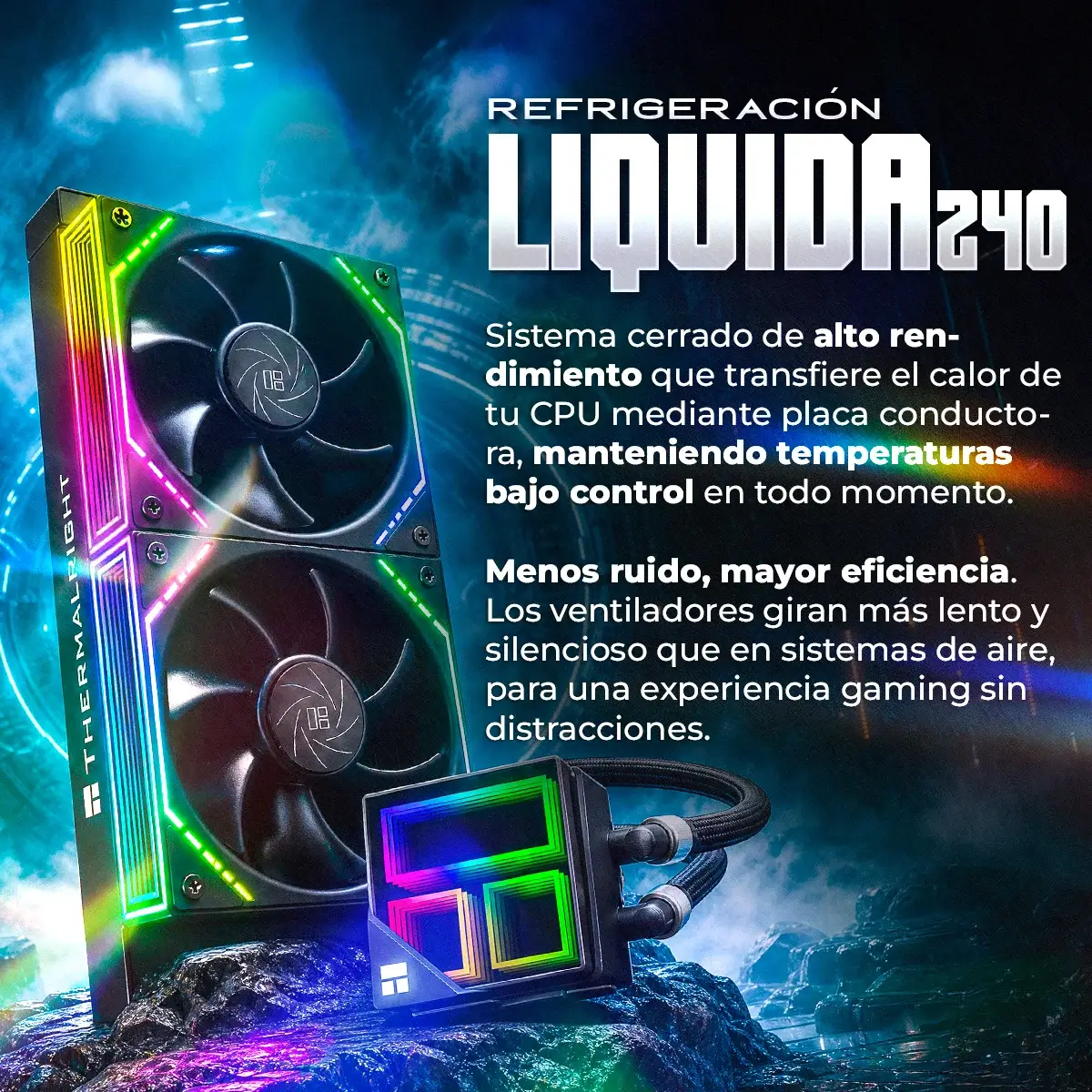 Un dissipatore a liquido per PC con due ventole RGB e un'unità pompa.