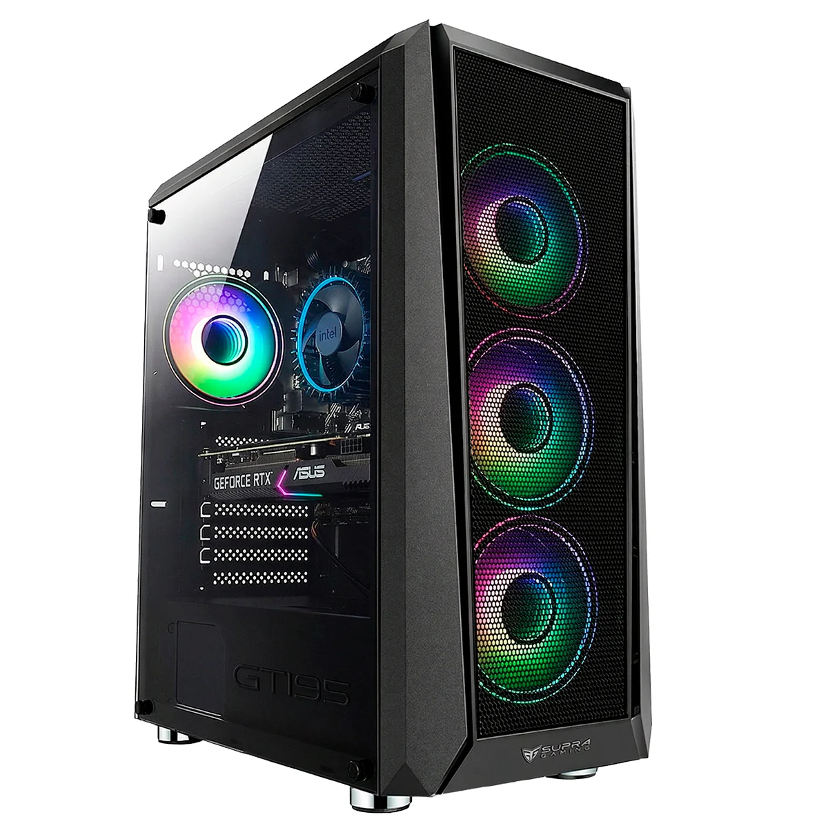 Case PC nero con ventole RGB e pannello laterale trasparente.