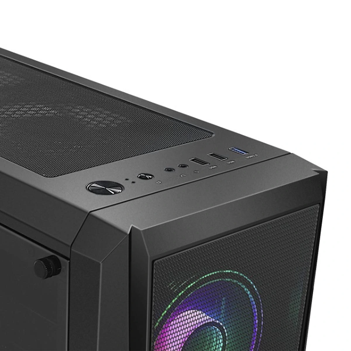 Tower del computer nero con porte USB sulla parte superiore e una ventola colorata visibile attraverso la griglia frontale.