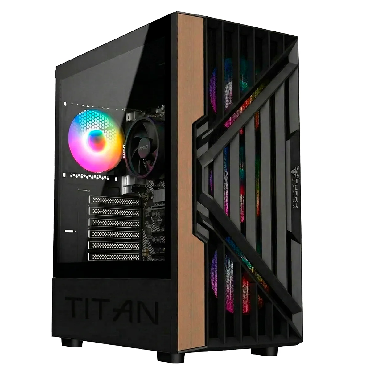 Un case da gaming nero con ventola RGB e accenti in legno.