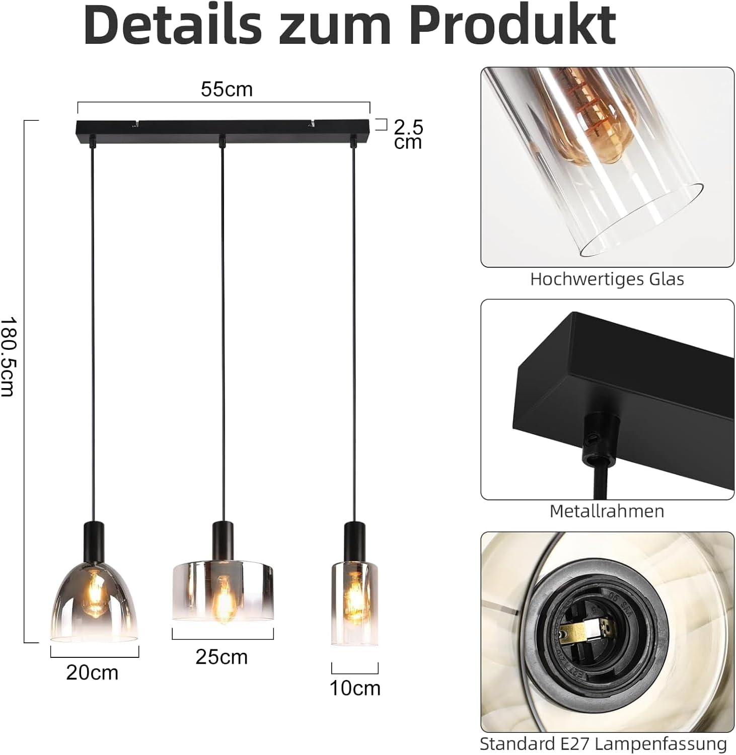 Hängeleuchte mit drei Glaskolben und Metallrahmen, Maße angegeben.