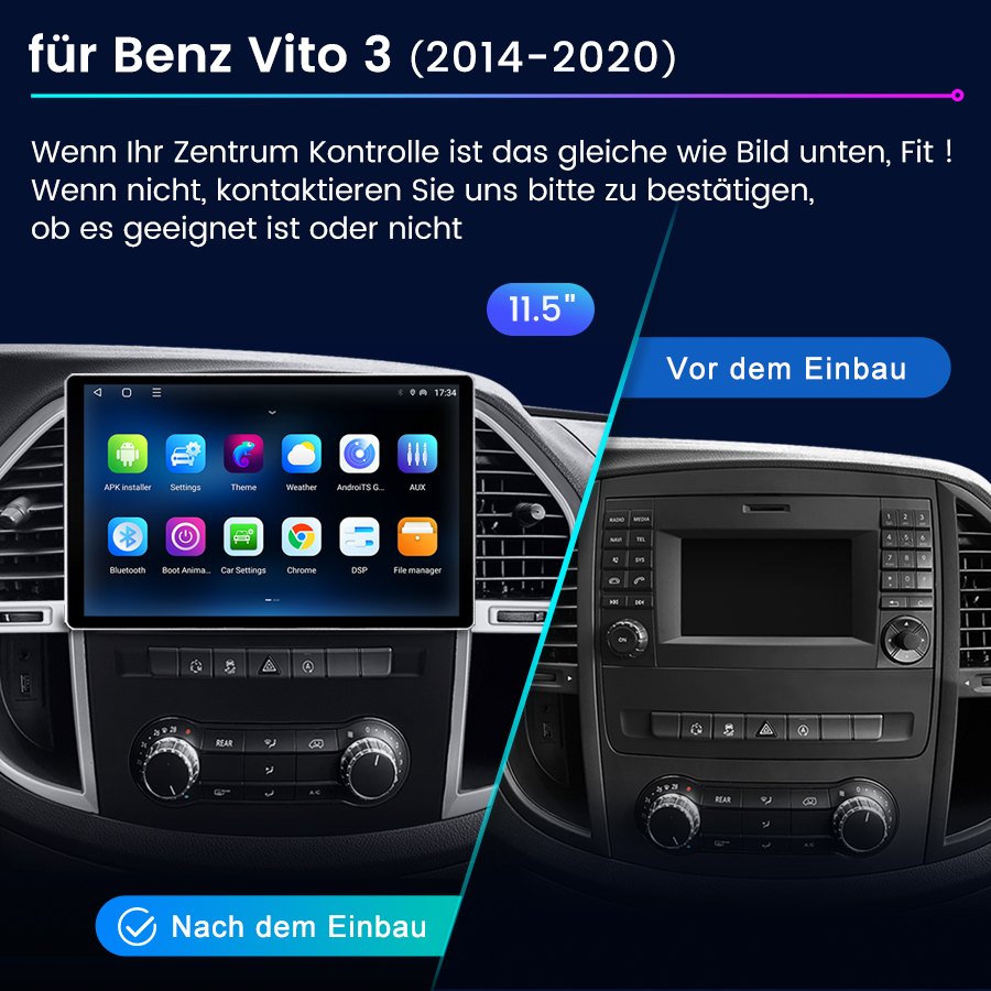 Vergleich eines Benz Vito 3 Armaturenbretts vor und nach dem Einbau eines 11,5-Zoll-Bildschirms.