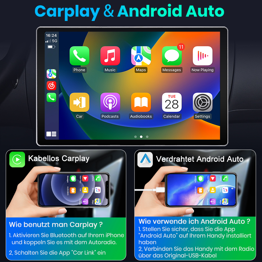Großes Display mit Carplay und Android Auto. Unten: Kabelloses Carplay und verdrahtetes Android Auto.