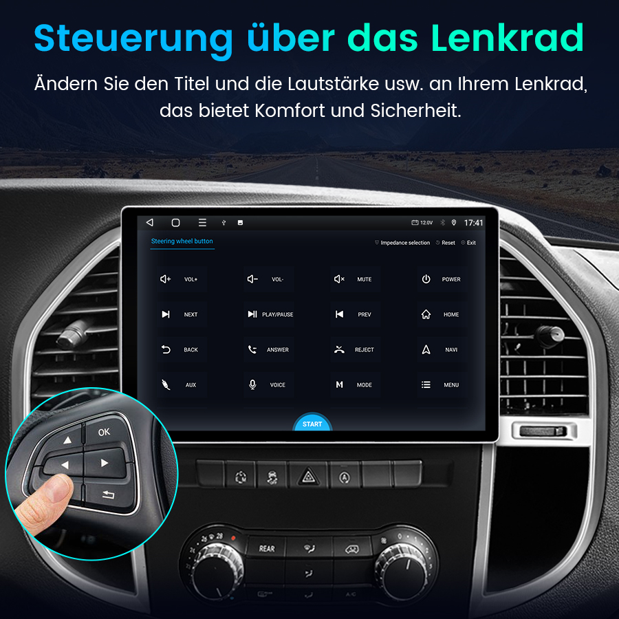 Bildschirm zeigt Lenkrad-Steuerung mit Icons wie Lautstärke, Play/Pause, Zurück.