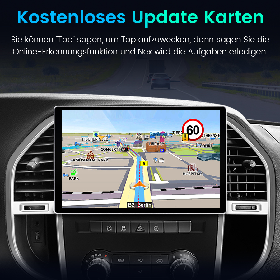 Autonavigationsbildschirm zeigt Karte mit Route, Geschwindigkeitsbegrenzung 60 und POIs.