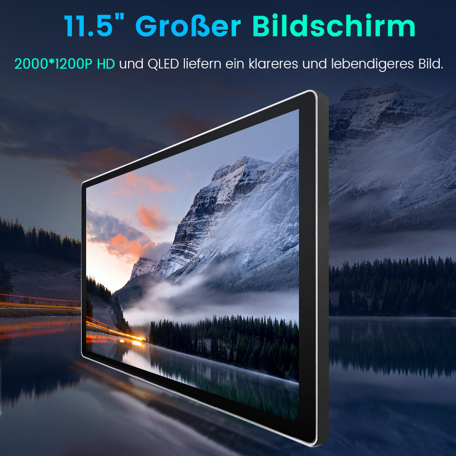 Ein 11,5-Zoll-QLED-Bildschirm zeigt eine Berglandschaft mit See.