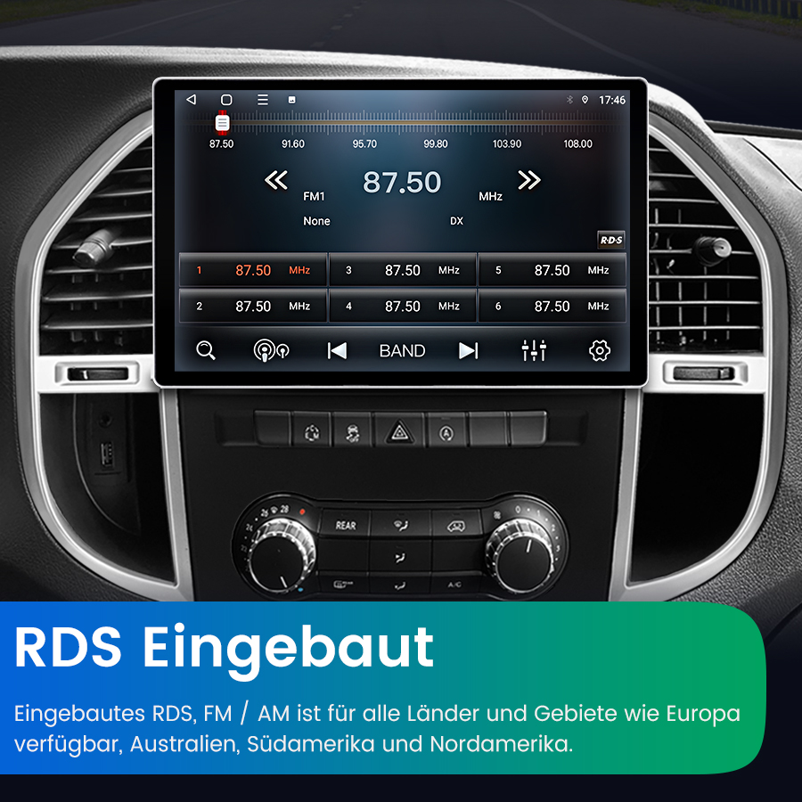 Autoradio mit großem Touchscreen, zeigt Sender 87.50 MHz und Speichertasten.