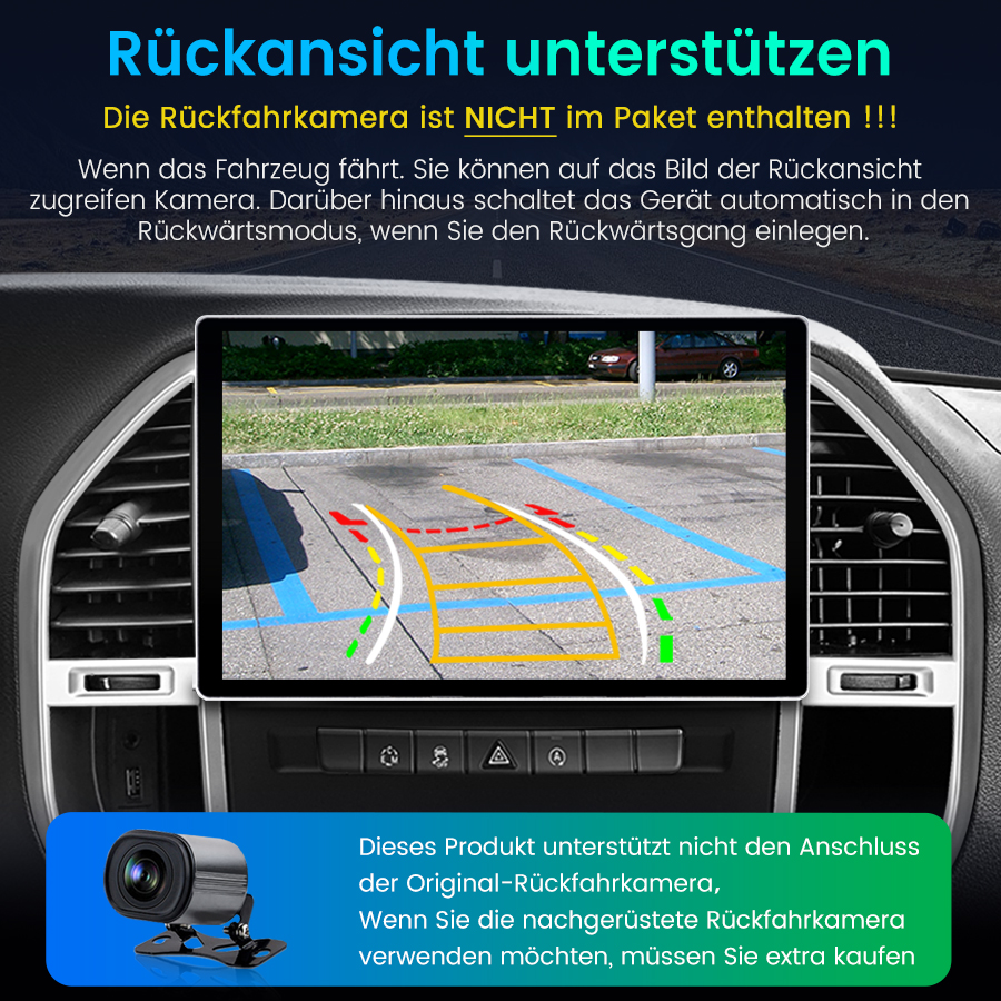 Bildschirm zeigt Rückfahrkamera-Ansicht mit Parkleitlinien. Unten eine Kamera und Text.