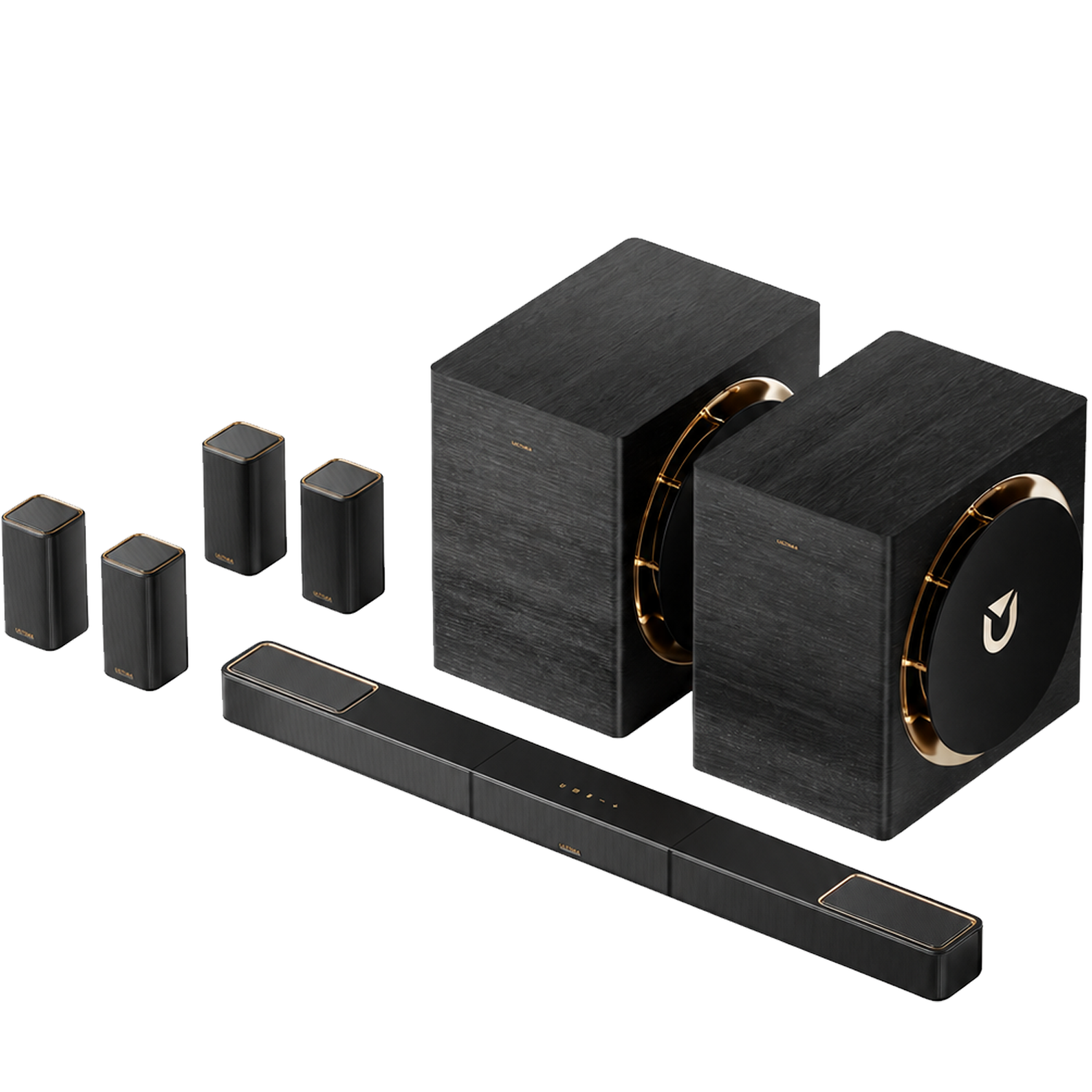 Schwarze Lautsprecher: Soundbar, 2 Subwoofer und 4 Satellitenlautsprecher mit Golddetails.