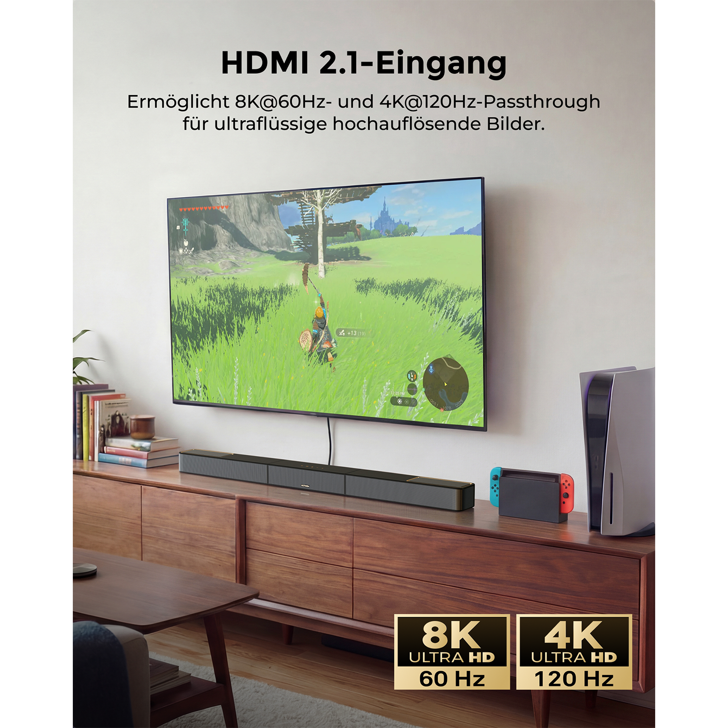 HDMI 2.1 Eingang: 8K@60Hz & 4K@120Hz für flüssige Bilder.