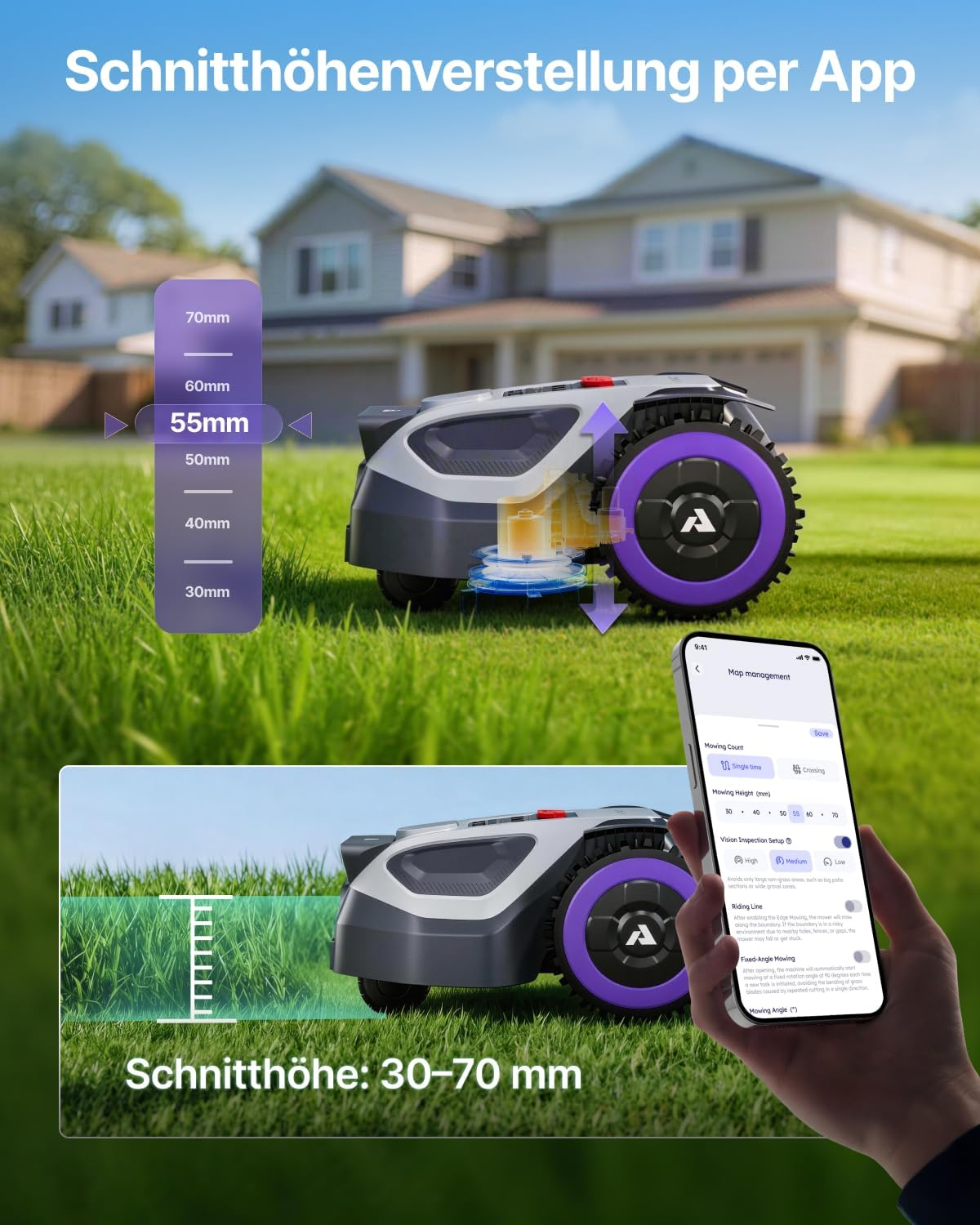 Ein Rasenmähroboter mit App-Steuerung für Schnitthöhen von 30-70 mm.
