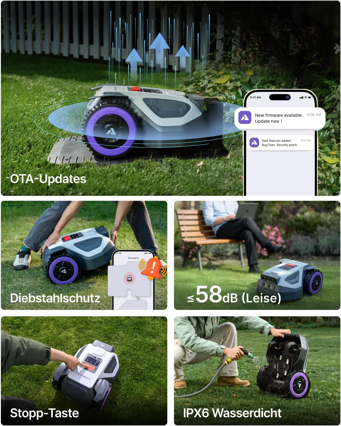 Ein Rasenmähroboter mit OTA-Updates, Diebstahlschutz, geringer Lautstärke und IPX6-Wasserdichtigkeit.