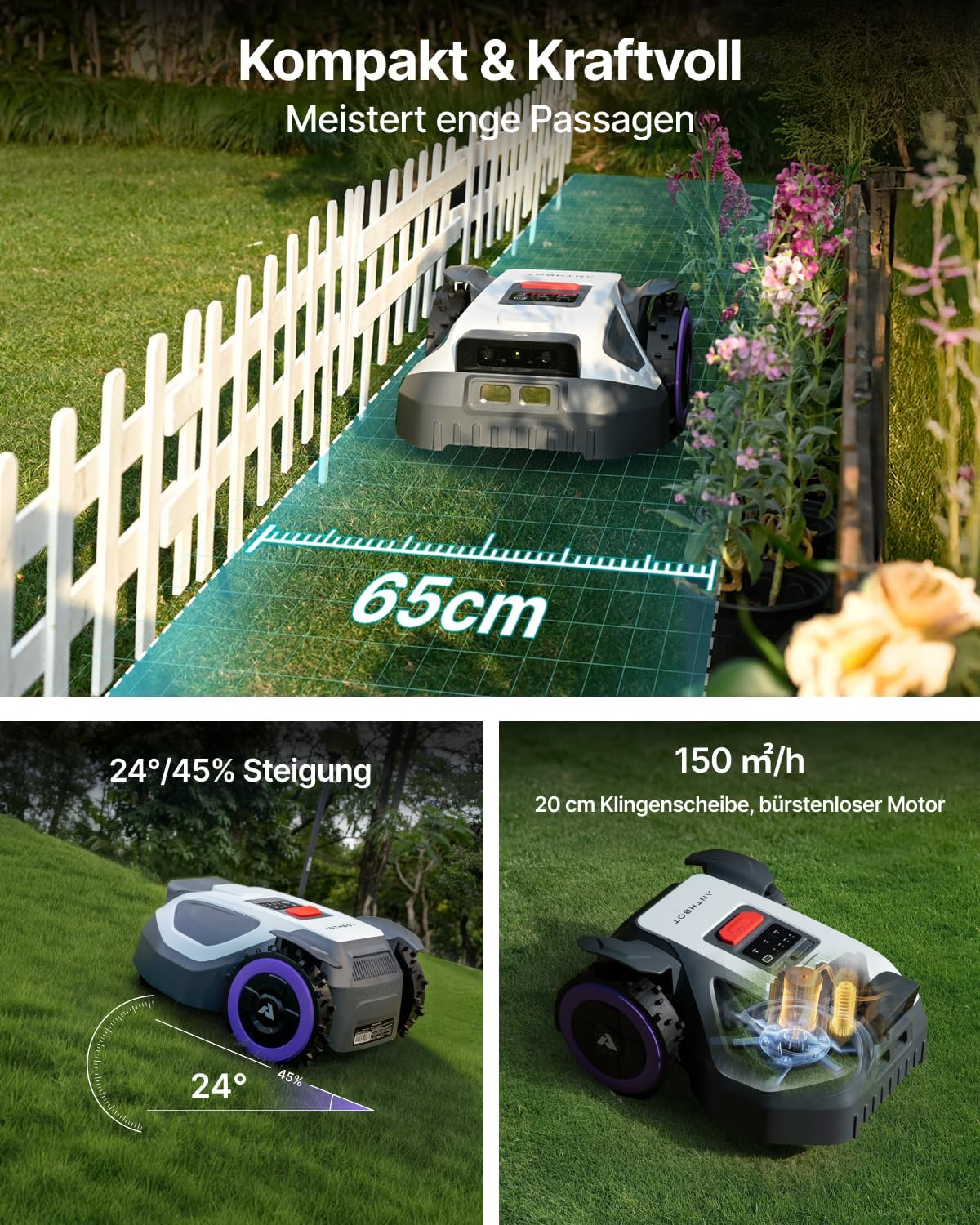 Mähroboter navigiert schmalen Gartenweg, 65cm breit, neben weißem Zaun und Blumen.