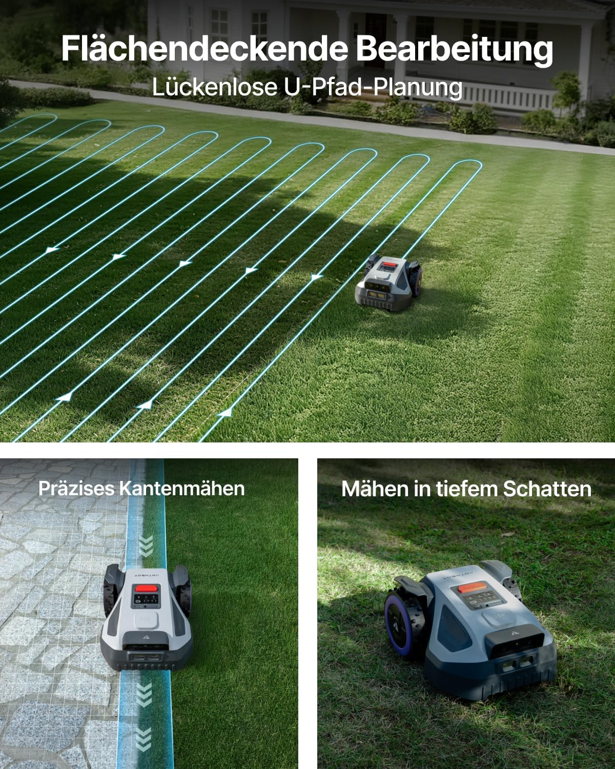 Ein Mähroboter mäht einen Rasen mit blauen Linien, die den Weg zeigen.