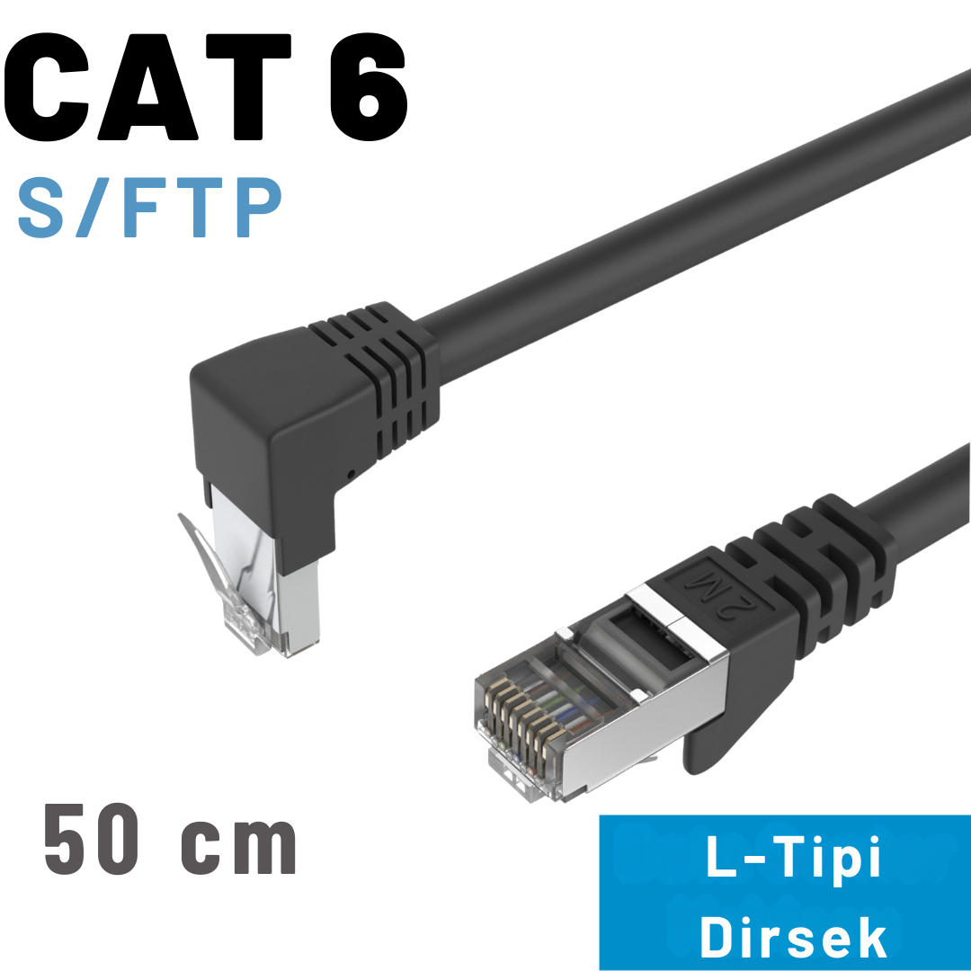 Açılı konektörlü siyah CAT 6 S/FTP kablo, 50 cm.