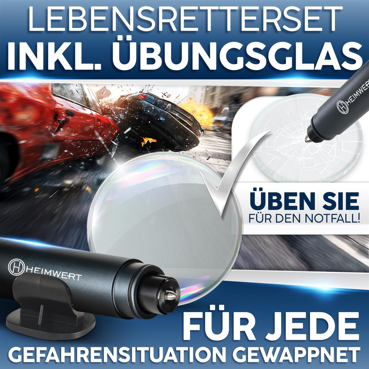 Autounfall-Szene mit einem Rettungswerkzeug und Text: 'Lebensretterset inkl. Übungsglas.'