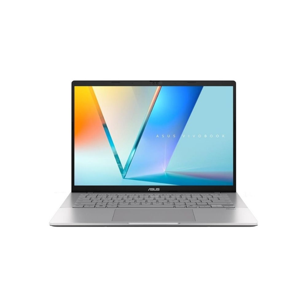 Renkli ekranlı ve klavyeli gümüş renkli ASUS Vivobook dizüstü bilgisayar.