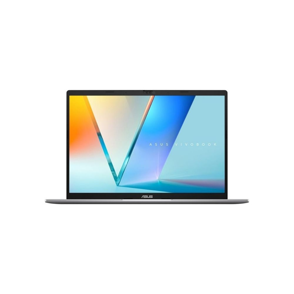 Renkli duvar kağıdı gösteren açık gümüş renkli ASUS VivoBook dizüstü bilgisayar.