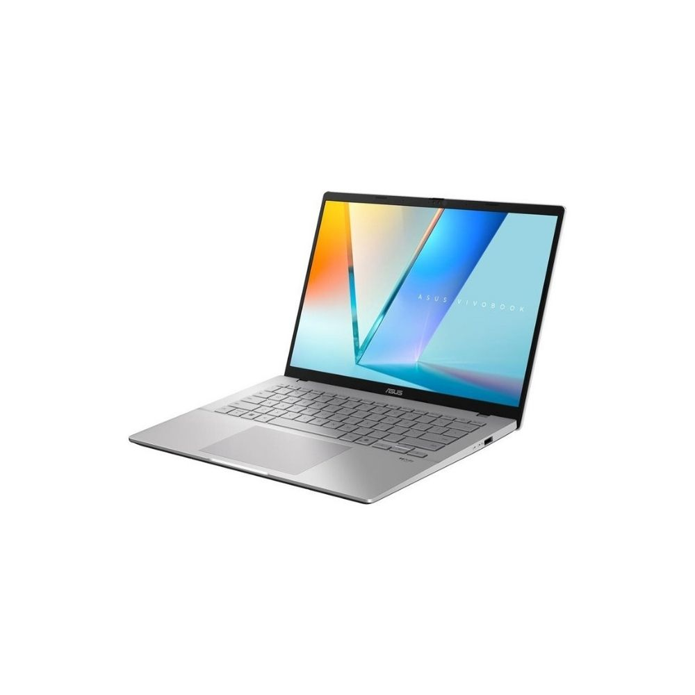 Gümüş ASUS VivoBook dizüstü bilgisayar, ekranda renkli soyut duvar kağıdı açık.