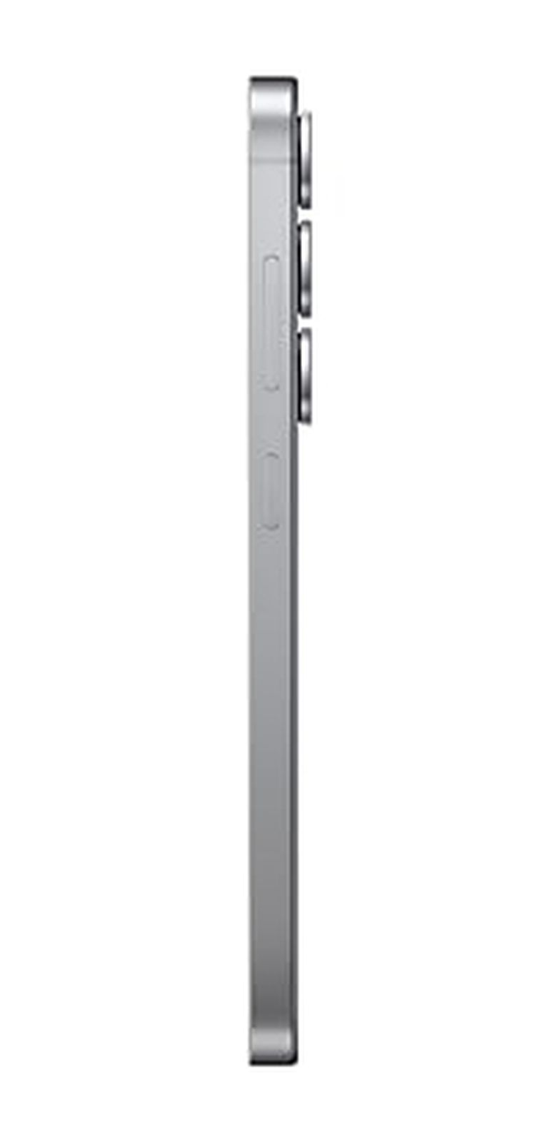 Teléfono inteligente gris de perfil con tres cámaras arriba.