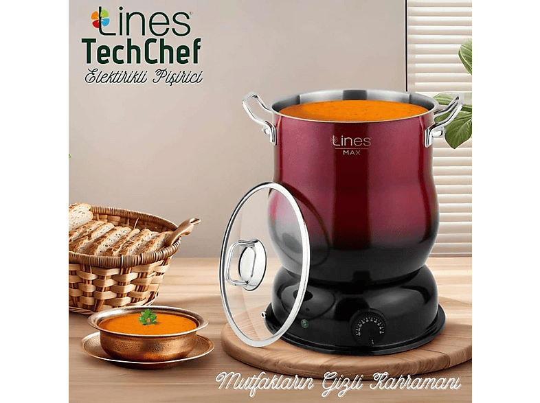 LINES 6 l Techcehef Metal Elektrikli Çok Amaçlı Pişirici Kırmızı