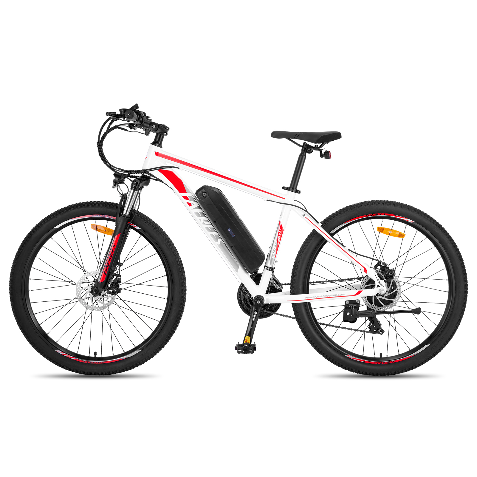 Una bicicletta elettrica bianca con accenti rossi, batteria nera e sella nera.