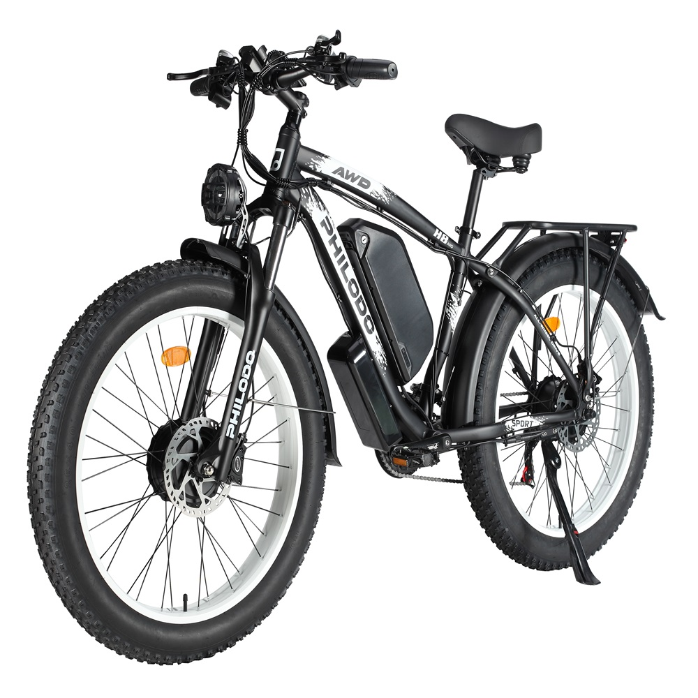 Schwarzes Elektrofahrrad mit breiten Reifen, Federgabel und Gepäckträger, isoliert auf weißem Hintergrund.