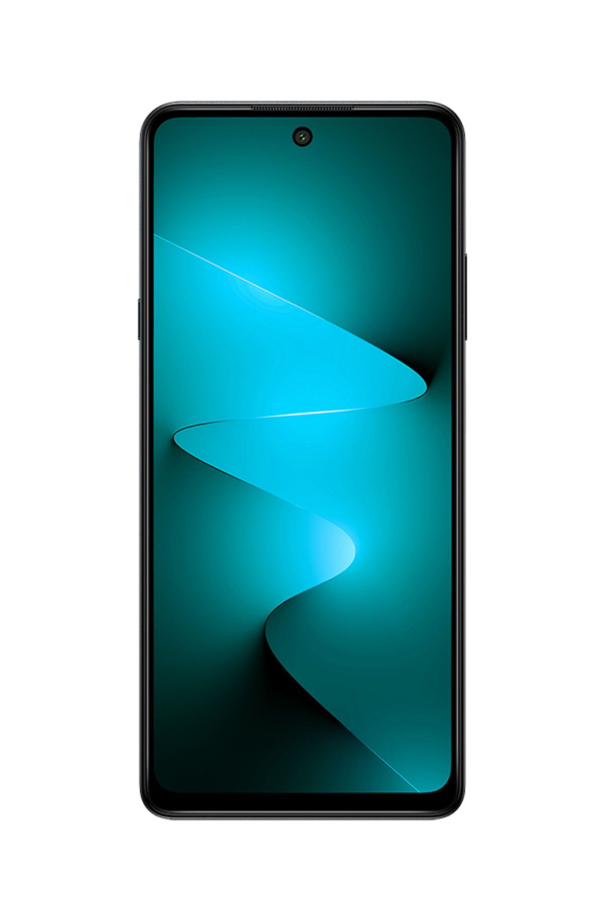 Siyah çerçeveli ve mavi, kavisli arka planlı bir akıllı telefon.
