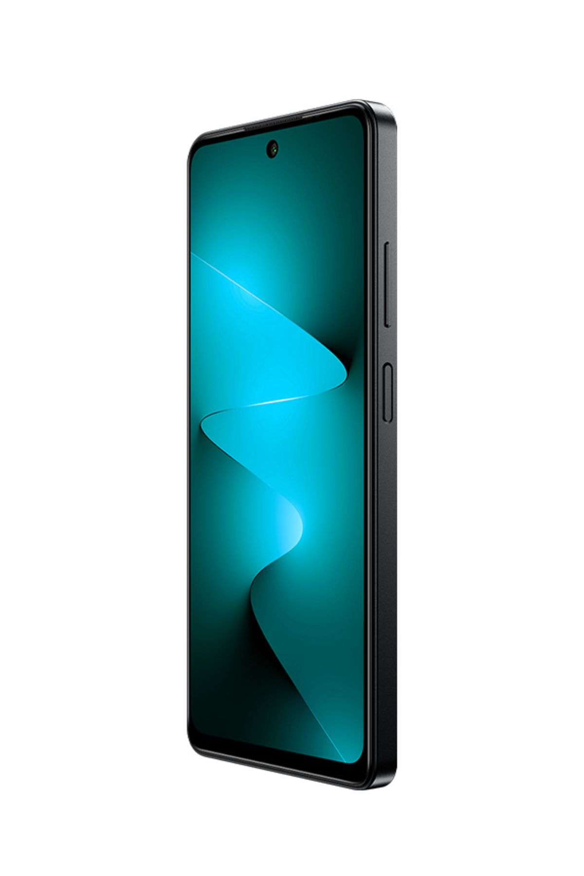 Siyah bir akıllı telefon, kıvrımlı şekle sahip bir turkuaz duvar kağıdı gösteriyor.