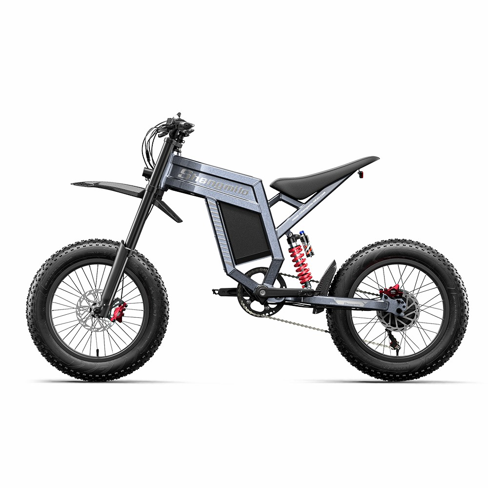 Graues E-Bike mit dicken Reifen, Federung und schwarzem Sattel.