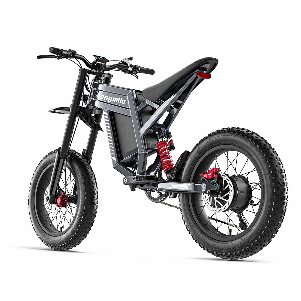 Ein graues E-Bike mit breiten Reifen, roten Stoßdämpfern und schwarzen Details.
