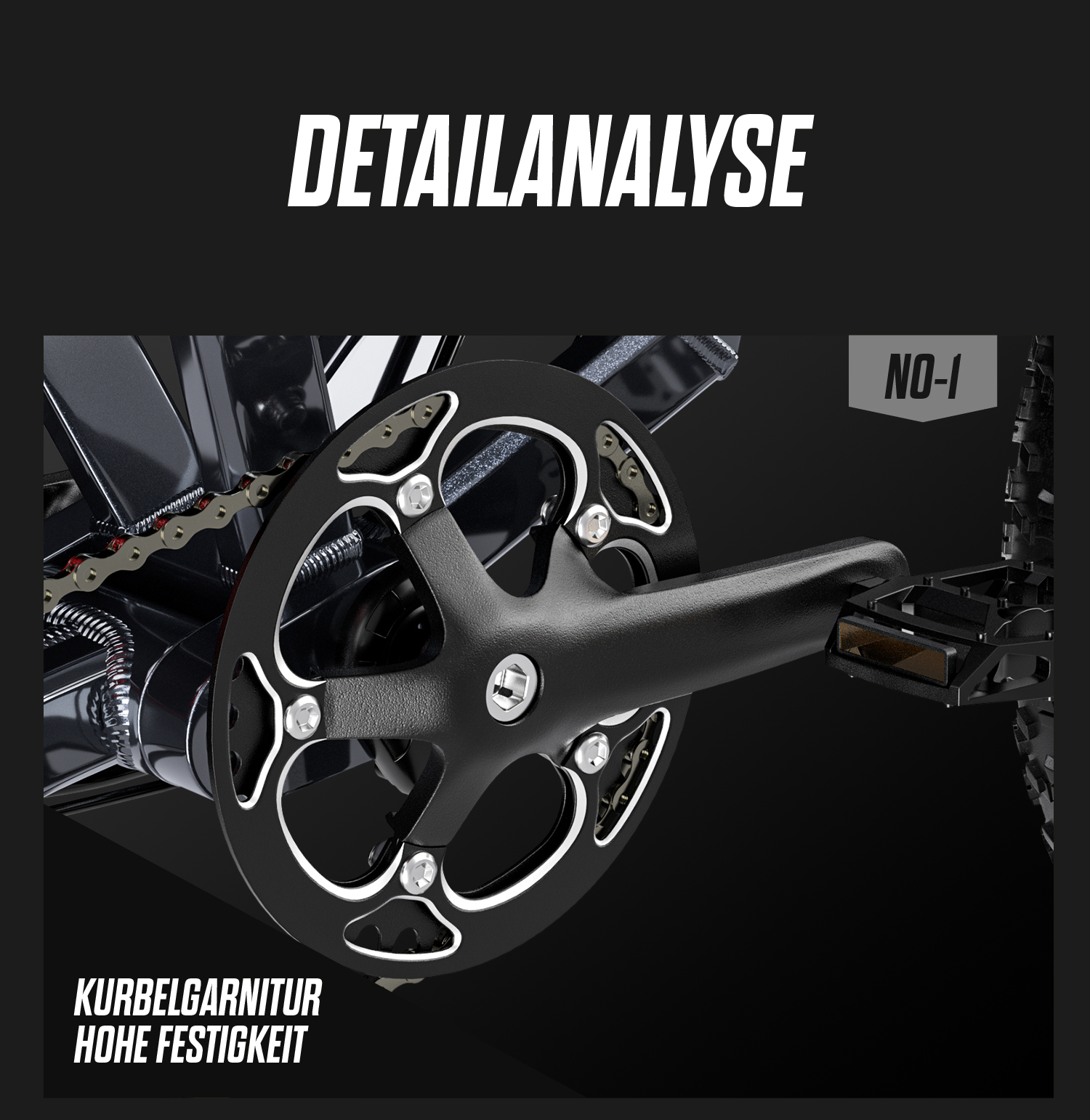 Nahaufnahme der Fahrradkurbel mit Kette und Pedal. Schwarze Kurbelgarnitur mit silbernen Akzenten.