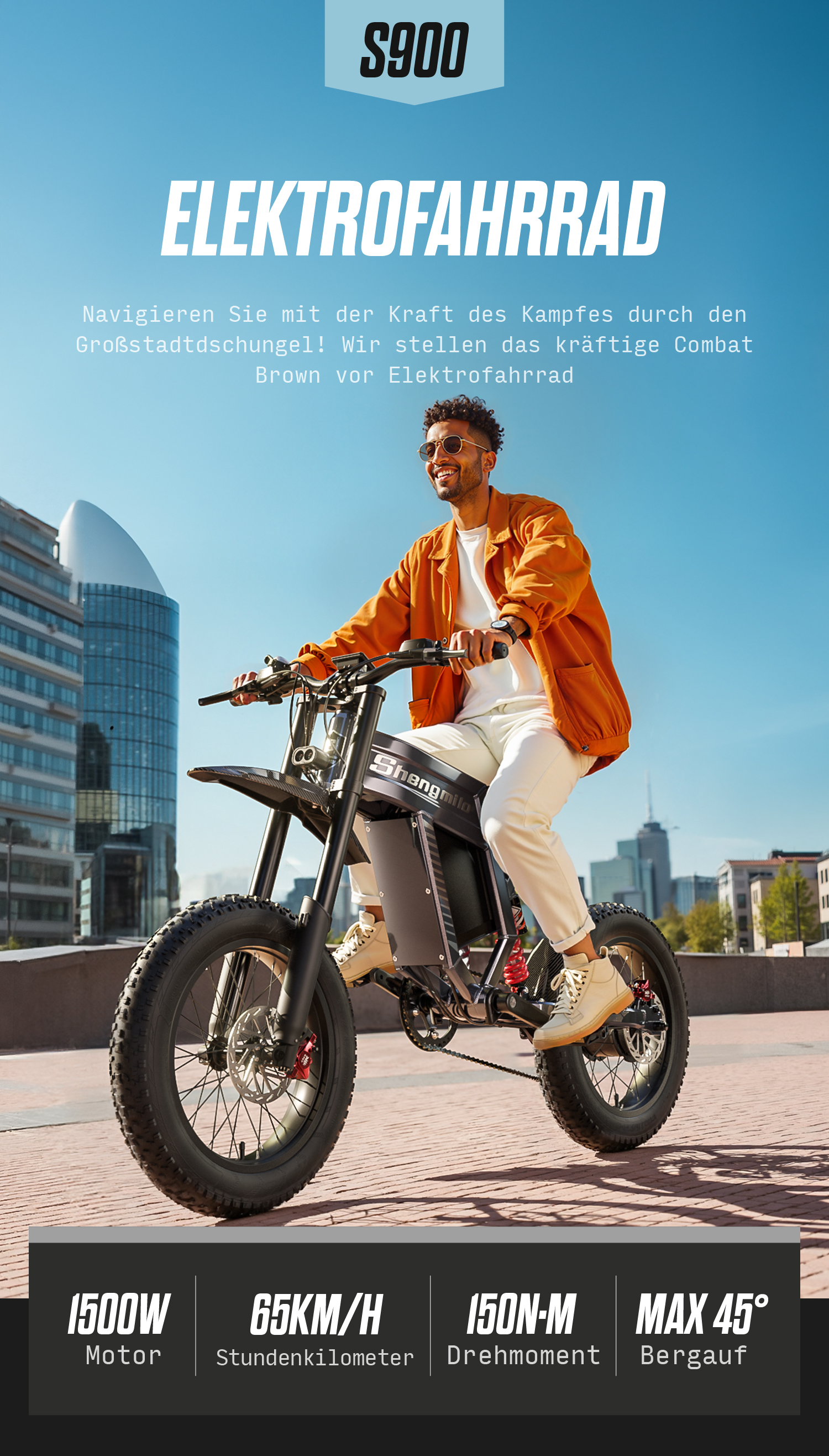 Ein Mann fährt ein schwarzes Elektrofahrrad mit breiten Reifen in einer Stadt.