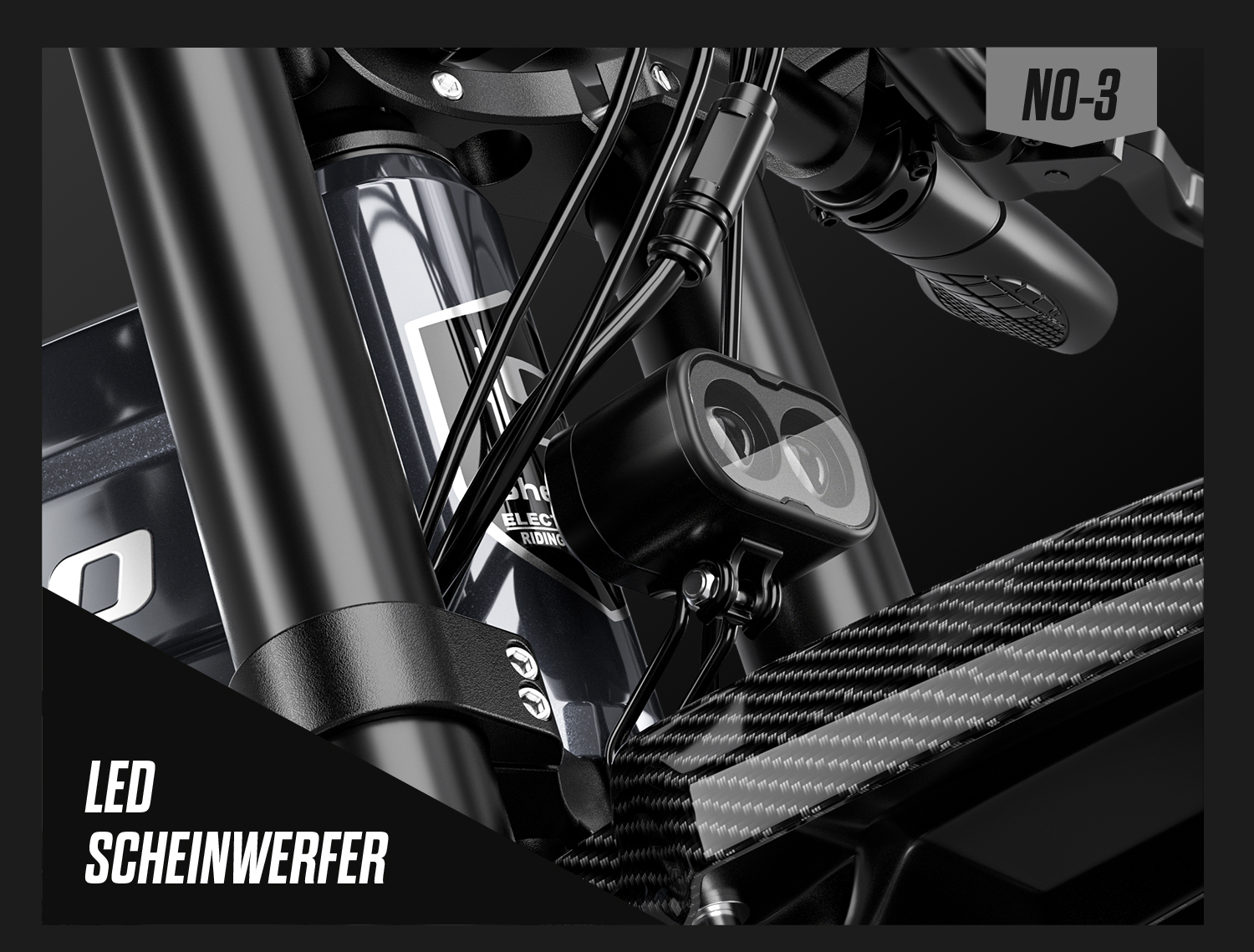 Nahaufnahme des LED-Scheinwerfers und Lenkers eines schwarzen E-Bikes.