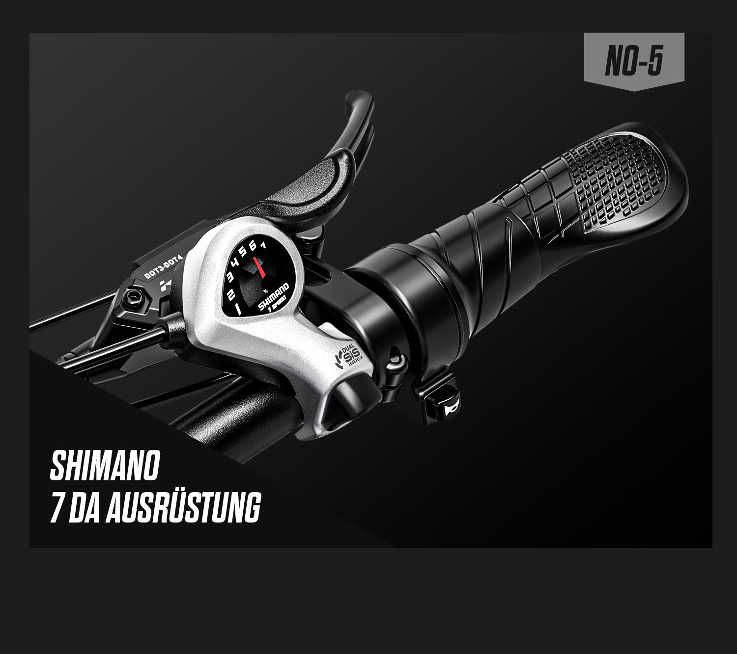 Shimano 7-Gang-Schalthebel mit Nummernanzeige auf schwarzem Hintergrund.