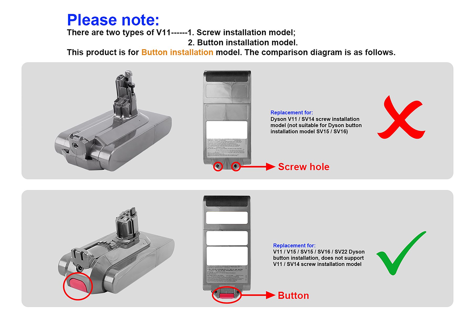 Confronto tra due modelli di batteria Dyson: a vite vs. a pulsante.