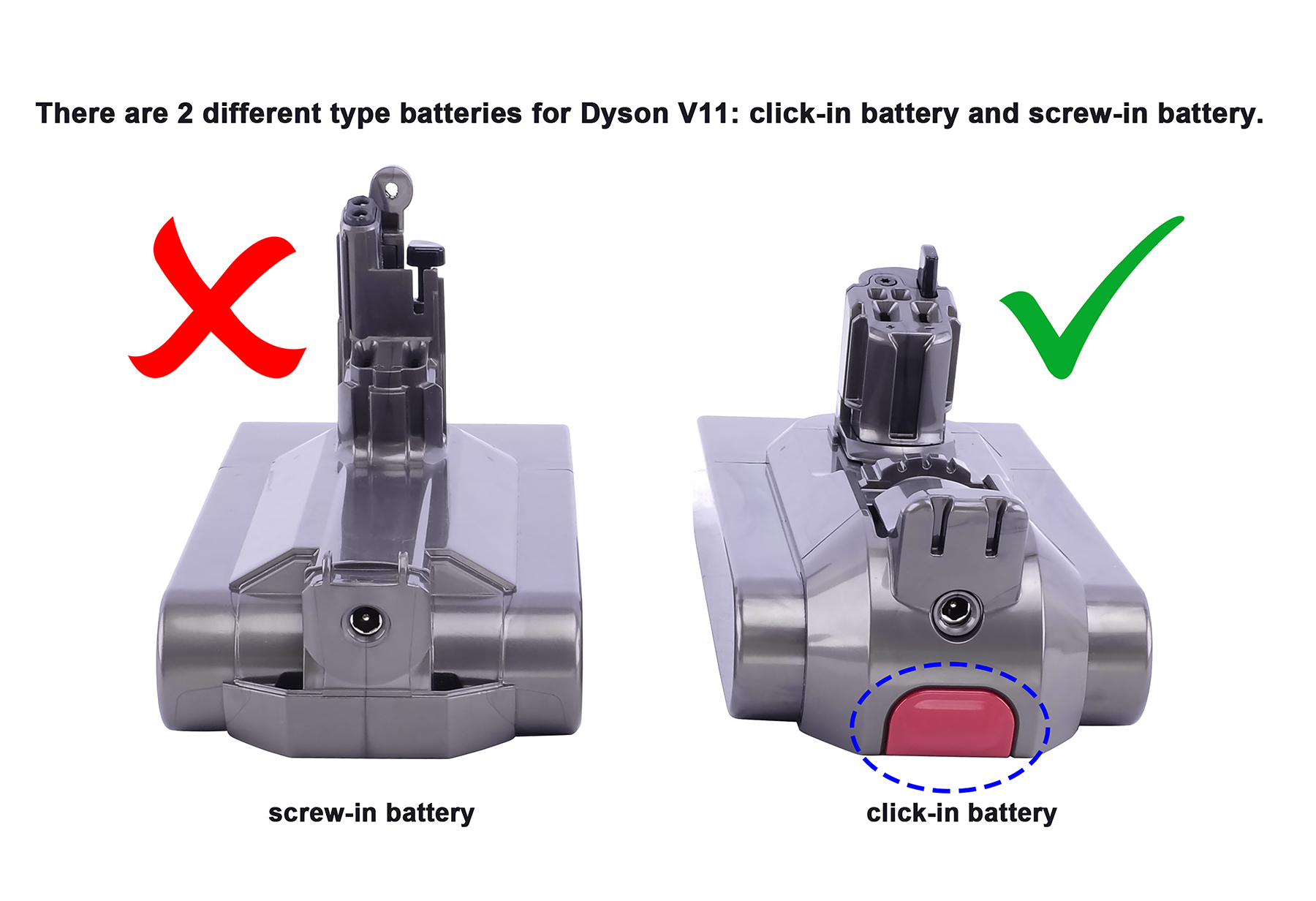 Zwei Dyson V11 Akkus: Links Schraubakku (rot X), rechts Klickakku (grüner Haken).