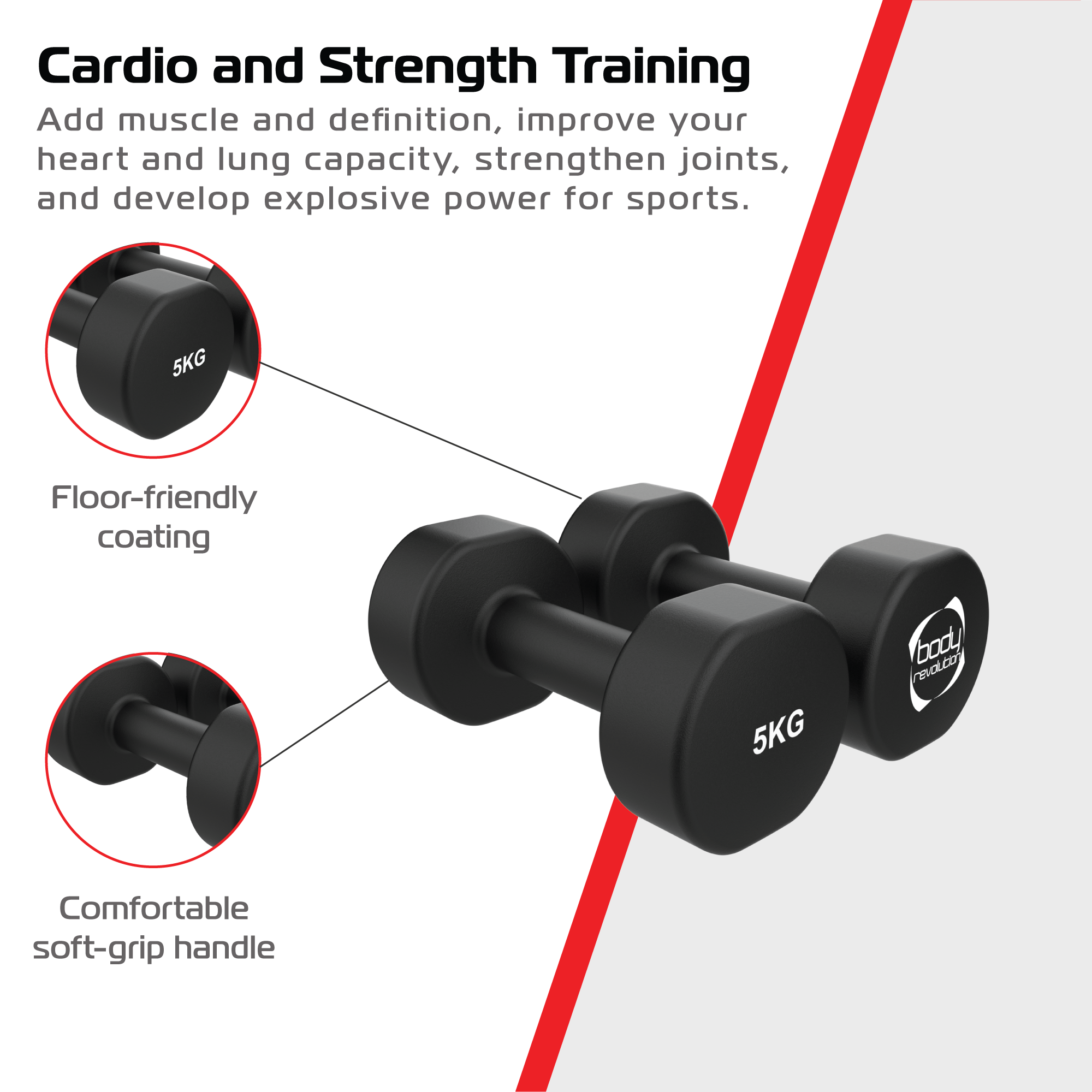Mancuernas negras de 5 kg con acento rojo y texto sobre cardio y entrenamiento de fuerza.