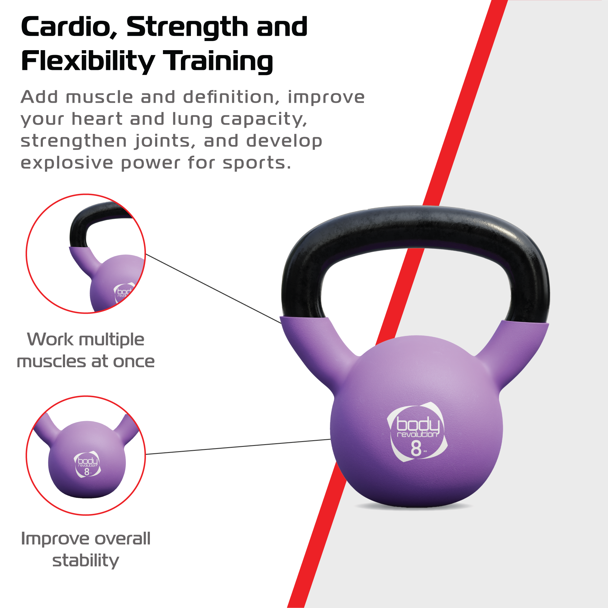 Pesa rusa morada con asa negra, 8kg, para cardio y entrenamiento de fuerza.