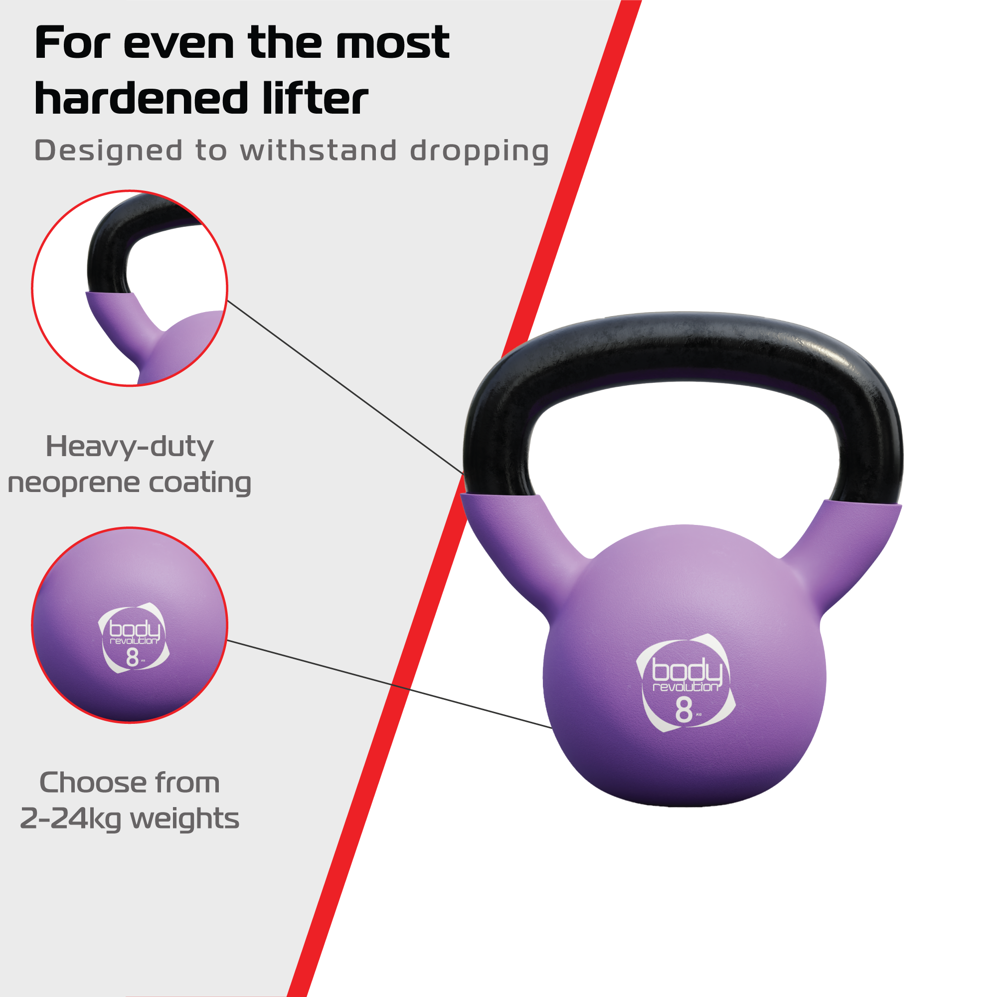 Una pesa rusa morada de 8 kg con mango negro y logo 'body revolution'.